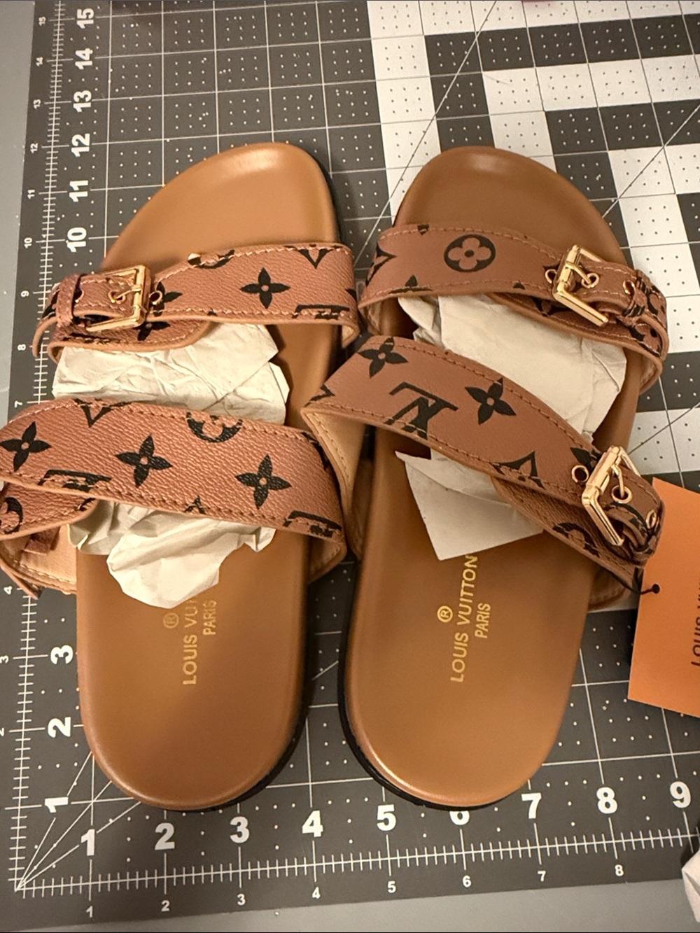 Louis Vuitton Tan Monogram Double-Strap Slide Sandals